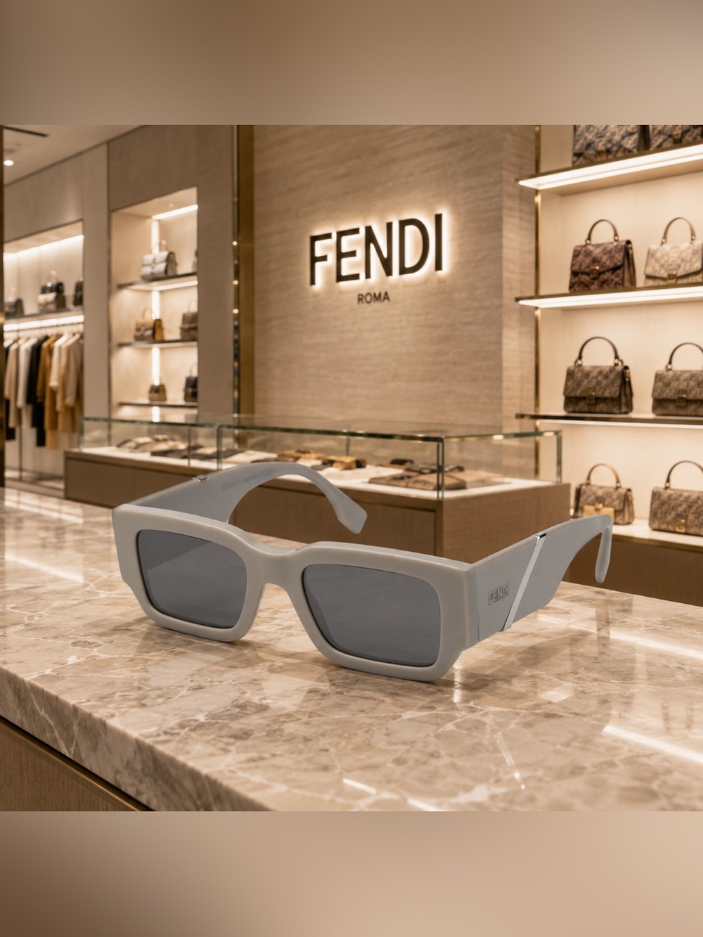 Brand New Fendi Diagonal Grey Rectangular Sunglasses w/ Box & Case
